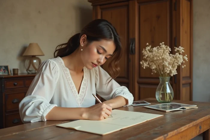 Jeune femme rédigeant une lettre manuscrite sur papier crème à un bureau en bois rustique, avec des photos d'enfance éparpillées