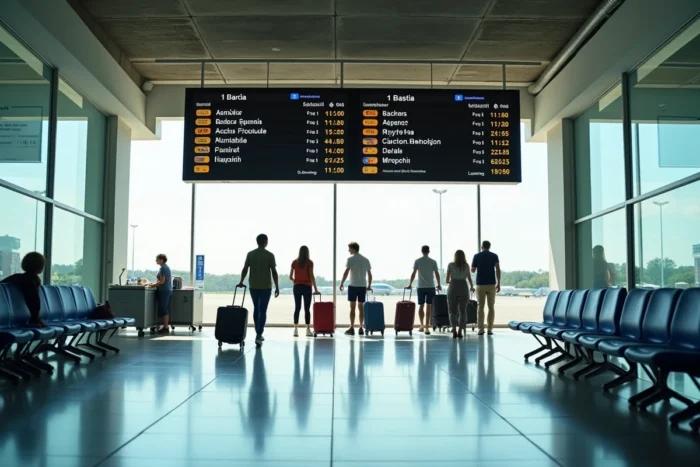 Tableau des départs d'un aéroport régional français affichant des vols vers la Corse avec tarifs