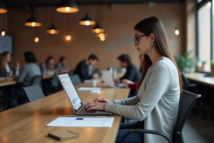 Jeune femme téléchargeant un relevé de compte Crédit Agricole en PDF dans un espace de coworking