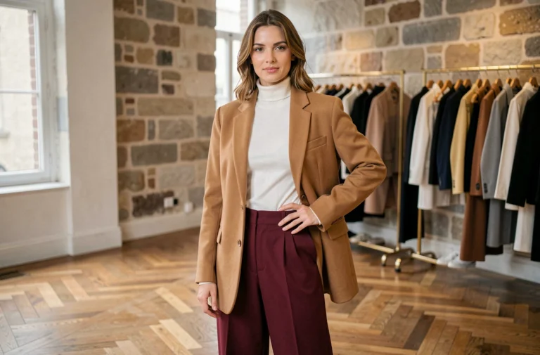 Femme élégante portant un blazer camel oversize et un pantalon large bordeaux dans une boutique parisienne aux murs en pierre
