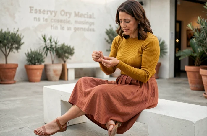 Femme assise en jupe midi terracotta et haut en maille moutarde dans une cour de concept store contemporain aux tons minimalistes