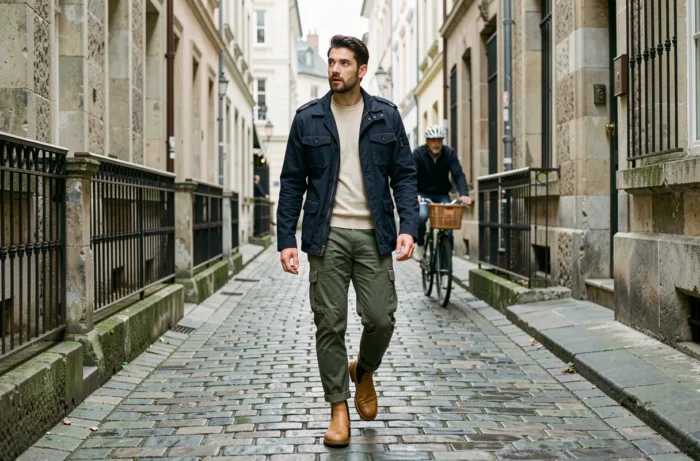 Homme en veste utility marine et cargo kaki marchant dans une rue pavée européenne aux façades en pierre anciennes