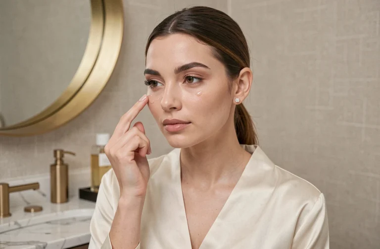 Femme appliquant un sérum lumineux devant un miroir doré dans une salle de bain marbre, tendances beauté Tiffany and Co