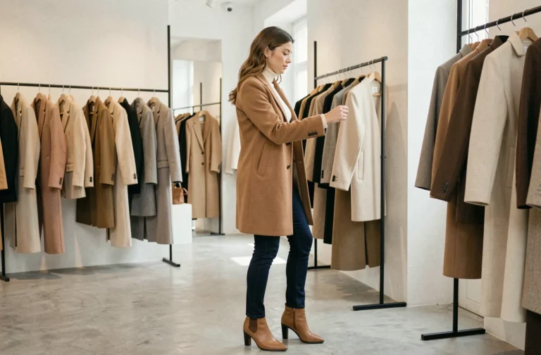 Femme élégante en manteau camel parcourant les tendances mode dans une boutique parisienne minimaliste