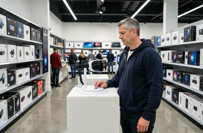 Homme découvrant un casque de réalité augmentée dans un magasin d'électronique en 2024