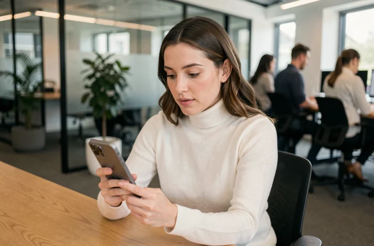 Femme utilisant un smartphone pliable dans un bureau tech moderne en 2024