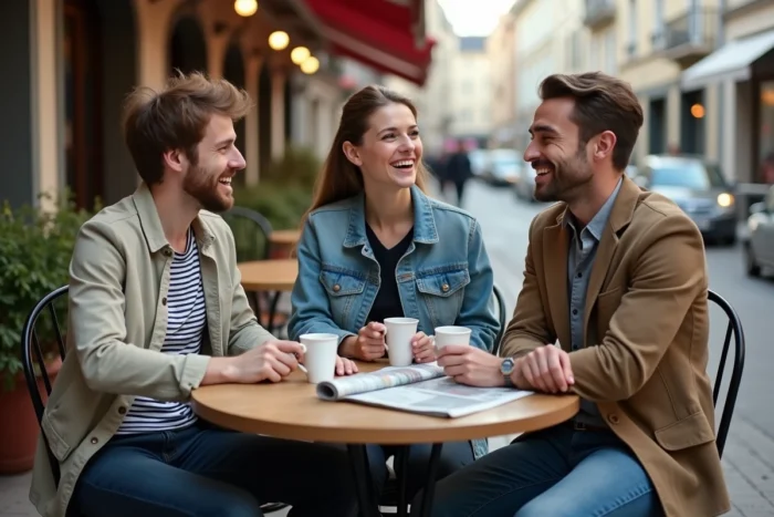 Trois jeunes adultes discutant en terrasse d'un café dans le centre-ville historique de Rennes