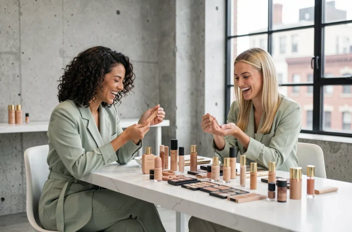 Deux femmes testant des enlumineurs sur un bureau beauté minimaliste dans un studio moderne, tendances maquillage Tiffany and Co
