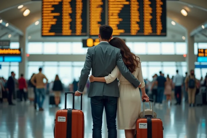 Couple de mariés de dos dans un terminal international regardant le tableau des départs vers une destination lointaine pour leur voyage de noce