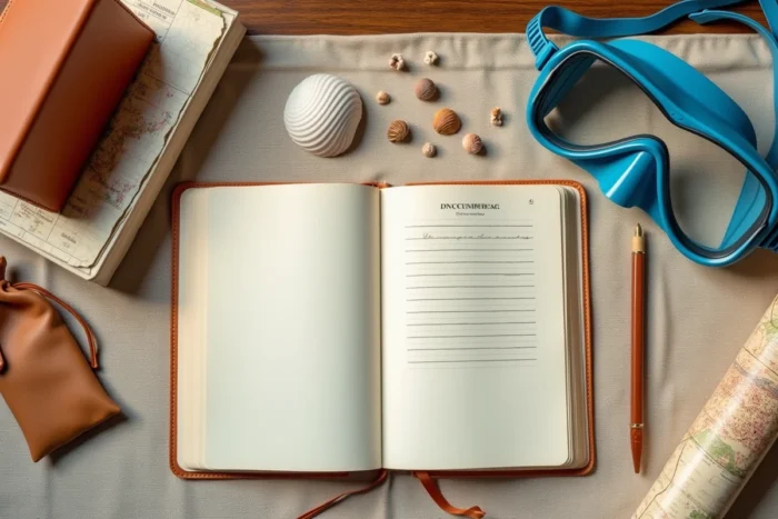 Mise à plat d'un journal de voyage ouvert avec une liste d'expériences à vivre en voyage de noce, entouré de coquillages et d'une carte