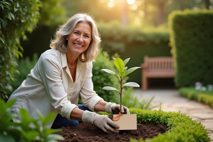 Femme souriante plantant un jeune arbre dans un jardin ensoleillé avec une carte attachée symbolisant un vœu tourné vers l'avenir du couple