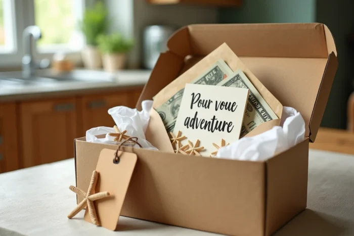 Enveloppe avec billets et message manuscrit glissée dans une boîte kraft décorée de petites étoiles de mer pour une cagnotte voyage de noce