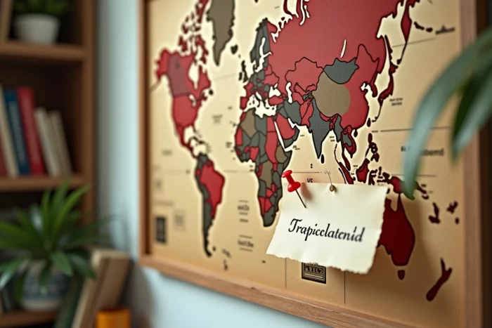 Carte du monde avec une note manuscrite épinglée sur une destination tropicale, entourée d'avions en papier et de feuilles de palmier séchées