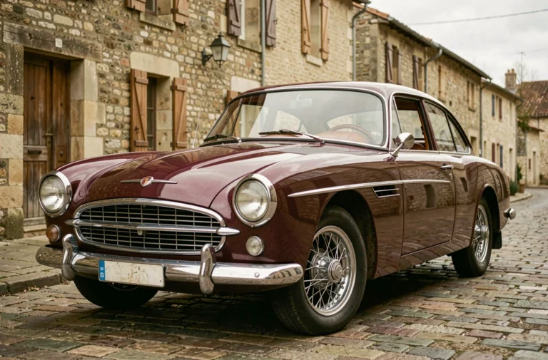 Voiture ancienne française des années 1960 restaurée, carrosserie bordeaux et chromes, garée sur des pavés d'une rue de village provincial