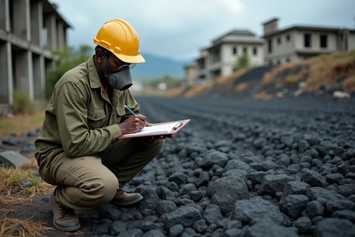Un volcanologue examine une coulée de lave solidifiée près de Goma après l'éruption du volcan Nyiragongo