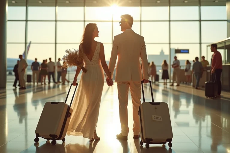 Couple de jeunes mariés souriants dans un aéroport avec valises et étiquette Just Married, symbolisant le départ en voyage de noce