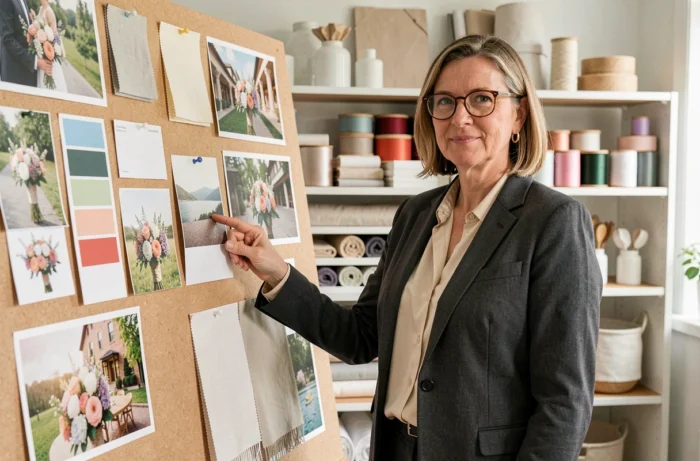 Wedding planner professionnelle présentant un moodboard de mariage avec palettes de couleurs et photos de décoration dans un studio